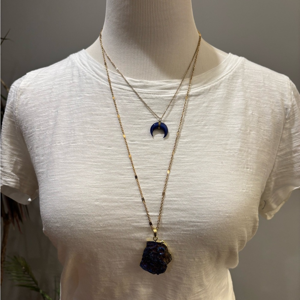 Gold Tone and Blue Layered Necklace Set